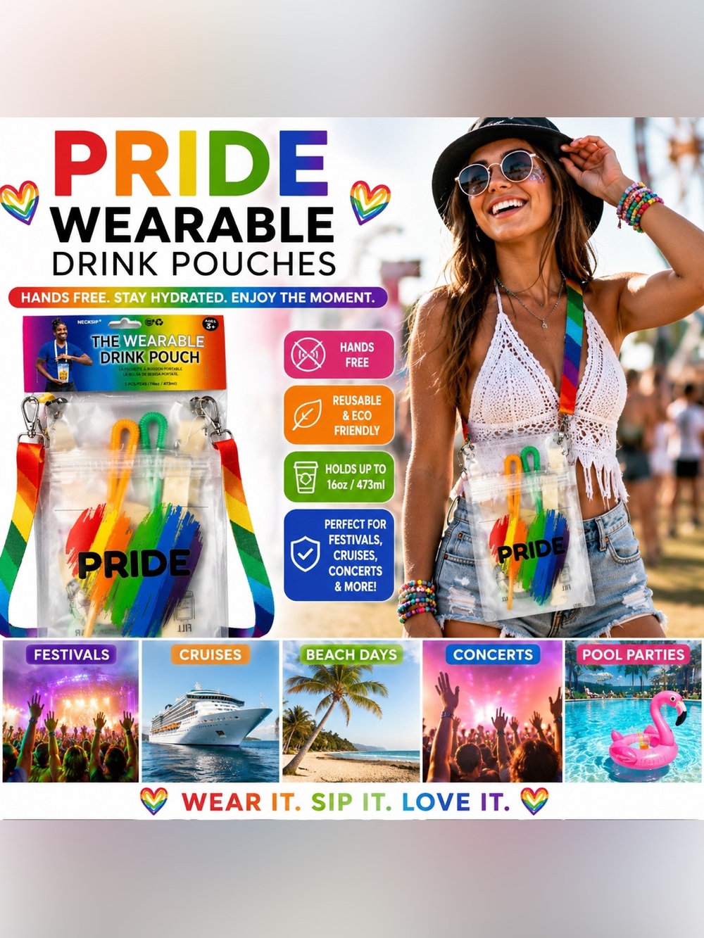 Festival Wearable Drink Pouch Pride Rainbow Hands Free Cruise Concert Beach